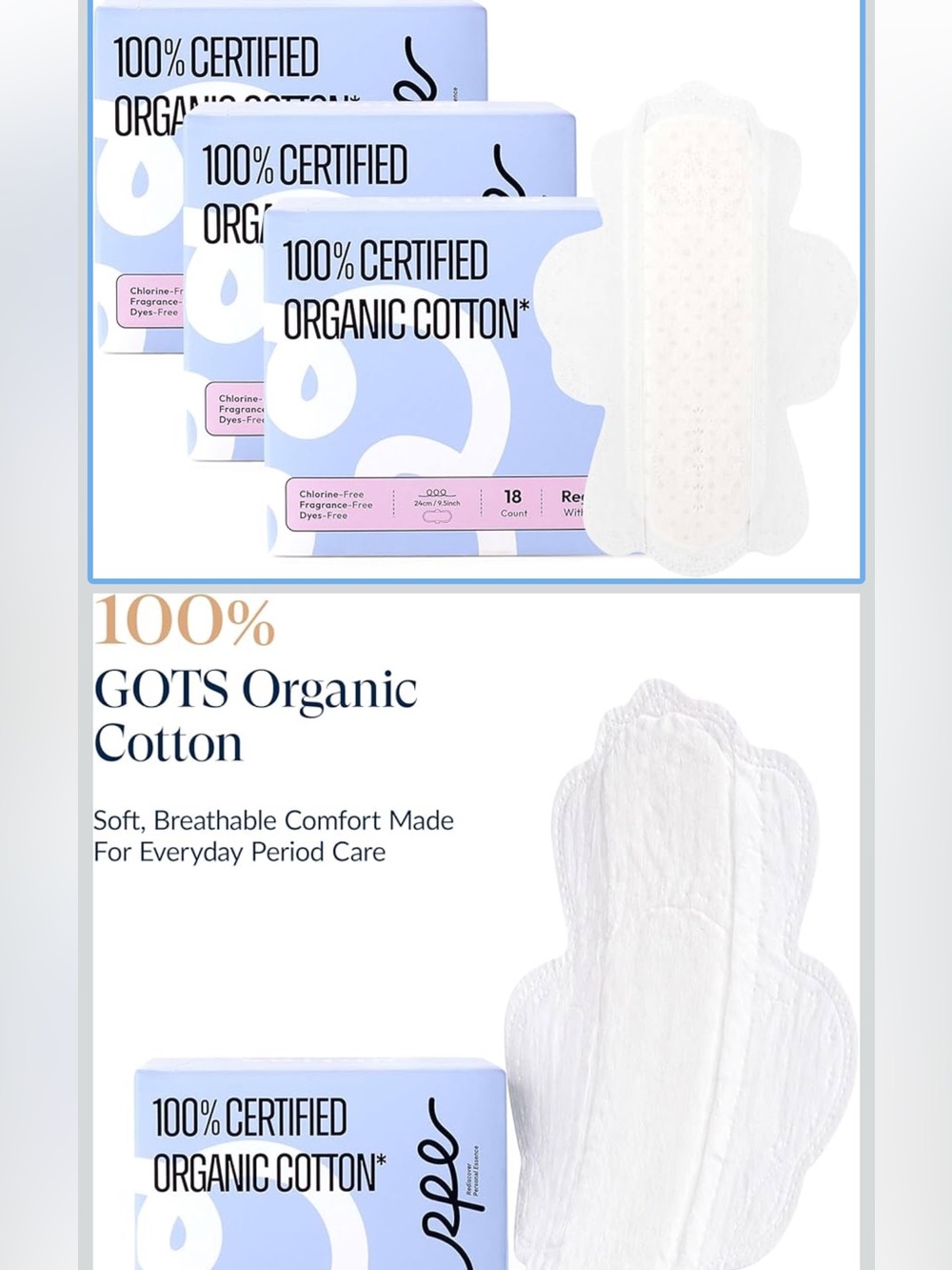 RPE Life 100% Organic Cotton Menstrual Pads - Large Bulk Pack Sanitary Napkins